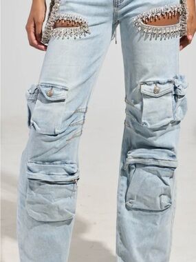 AKIRA Light Wash Straight Leg Cargo Jeans with Embellished Cutouts